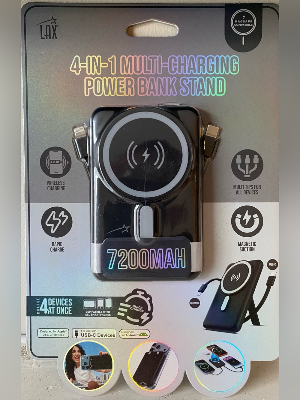 NIB - 7200mAh Black 4-in-1 Multi-Charging Power Bank Stand